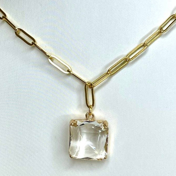 NEW Necklace Paperclip Chain 16" 18" 20" Clear Faceted Glass Pendant Trendy M13 - Picture 1 of 6